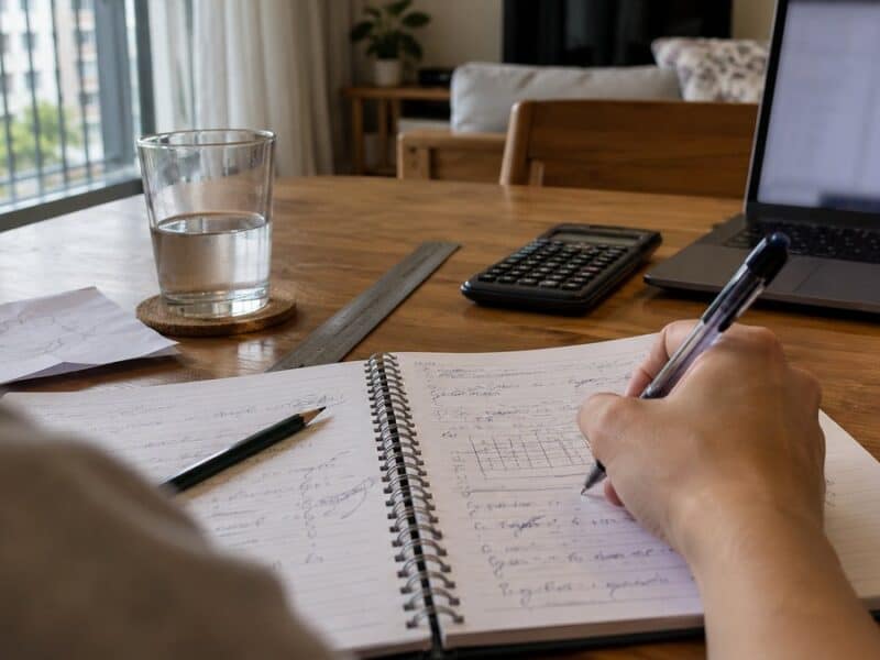 A hand holding a pen over an open notebook of scribbled notes on a dining table, with a ruler, calculator and water glass nearby.